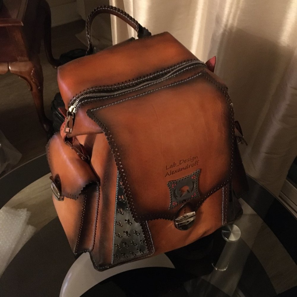 100% Genuine Cowhide Leather Handcrafted Backpack in Cognac Brown Patina